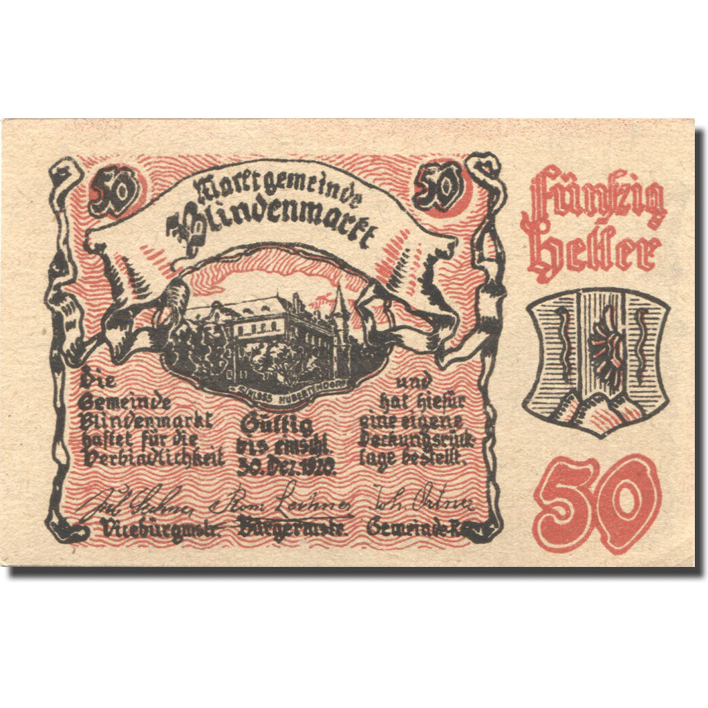 Banconote, Austria, Blindenmarkt, 50 Heller, château, 1920 SPL  Mehl:FS 93IIa