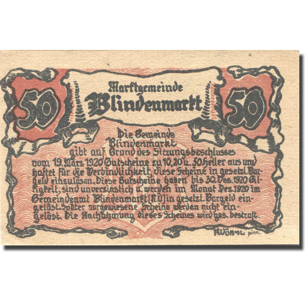 Banconote, Austria, Blindenmarkt, 50 Heller, château, 1920 SPL  Mehl:FS 93IIa