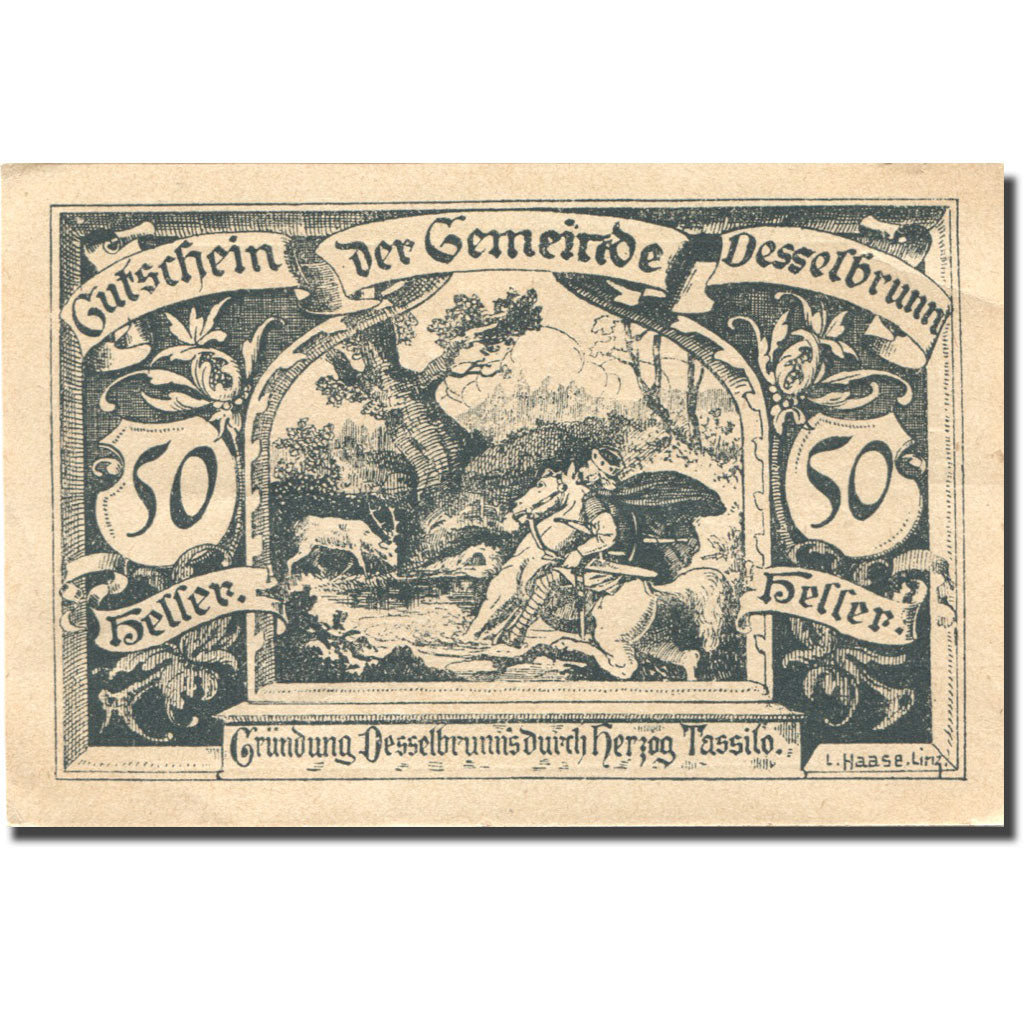 Banconote, Austria, Desselbrunn, 50 Heller, chevalier, 1920 SPL Mehl:FS 119a