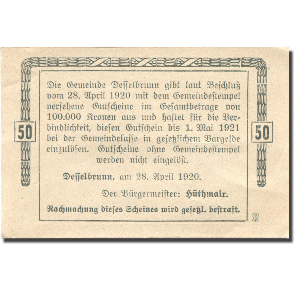 Banconote, Austria, Desselbrunn, 50 Heller, chevalier, 1920 SPL Mehl:FS 119a