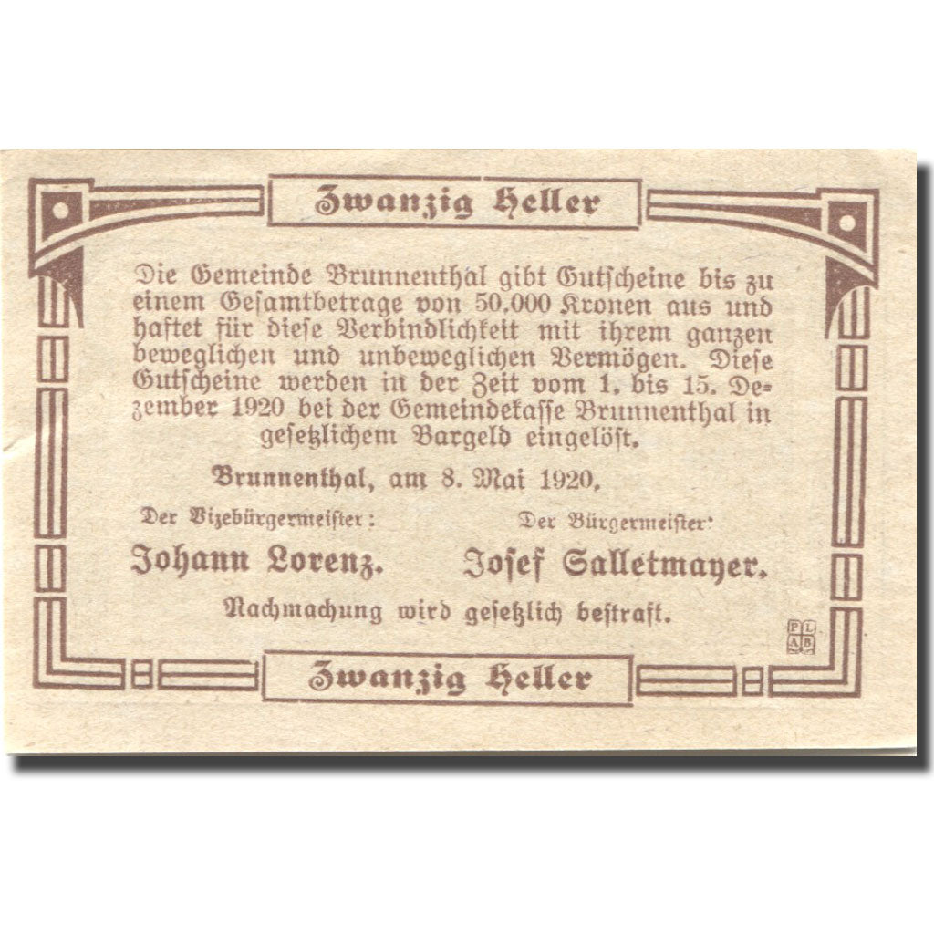 Banconote, Austria, Brunnenthal, 20 Heller, Monument, 1920 SPL Mehl:FS 111a