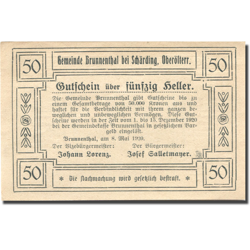 Banconote, Austria, Brunnenthal, 50 Heller, Forêt, 1920 SPL Mehl:FS 111a
