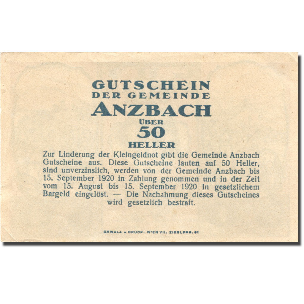 Biljet, Oostenrijk, Anzbach, 50 Heller, village 1920-09-15, SUP+Mehl:FS 48IAf