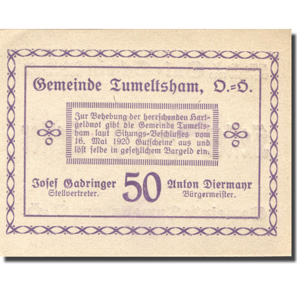 Billet, Autriche, Tumeltsham, 50 Heller, valeur faciale, 1920, SPL Mehl:FS1085II
