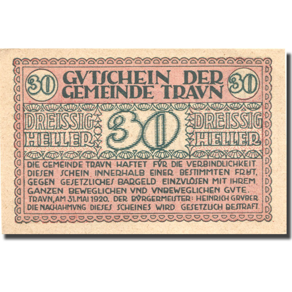 Banconote, Austria, Traun, 30 Heller, valeur faciale, 1920 SPL, Mehl:FS 1980