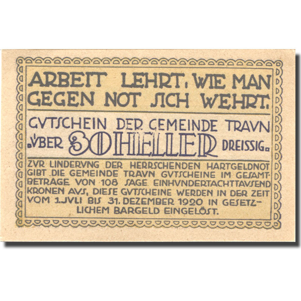 Banconote, Austria, Traun, 30 Heller, valeur faciale, 1920 SPL, Mehl:FS 1980