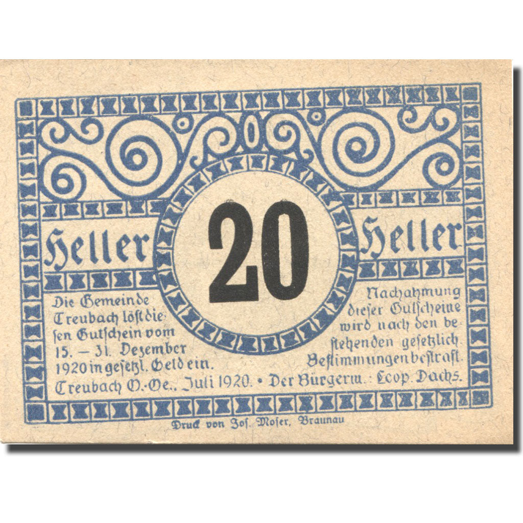 Nota, Áustria, Treubach, 20 Heller, agriculteur, 1920 UNC(63) Mehl:FS 1082