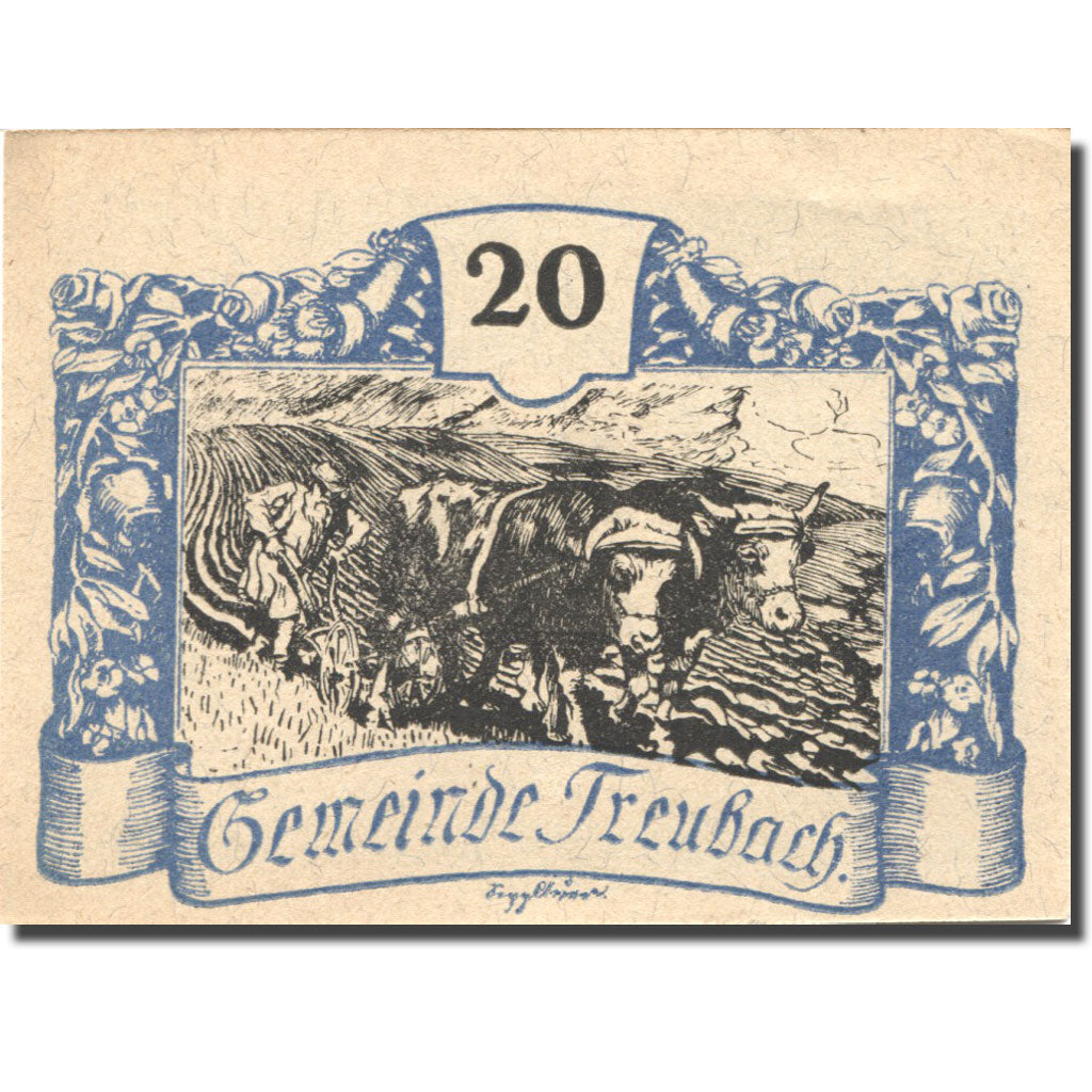 Nota, Áustria, Treubach, 20 Heller, agriculteur, 1920 UNC(63) Mehl:FS 1082