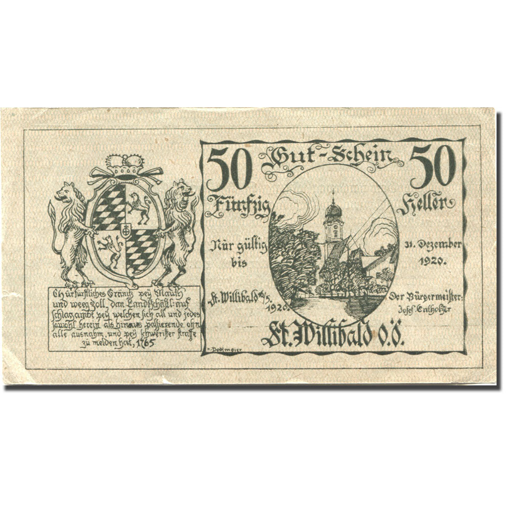 Banconote, Austria, Willibald, 50 Heller, Eglise 1920-12-31, BB Mehl:FS 946Ae
