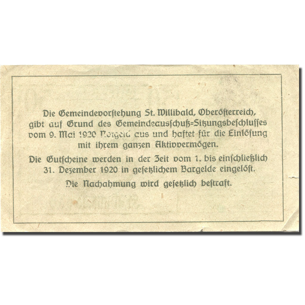 Banconote, Austria, Willibald, 50 Heller, Eglise 1920-12-31, BB Mehl:FS 946Ae