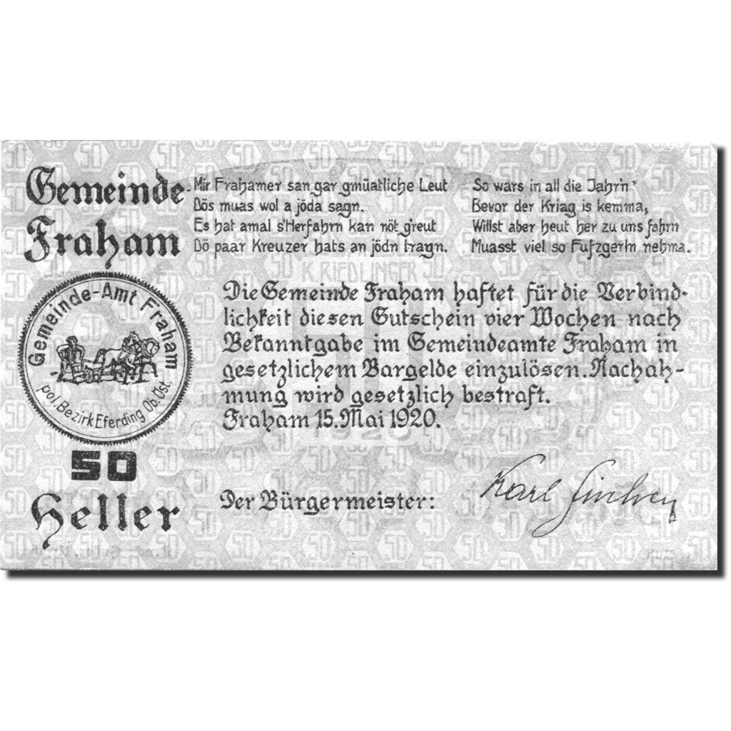 Banconote, Austria, Fraham, 50 Heller, Forêt 1920-05-15, SPL Mehl:FS 205a