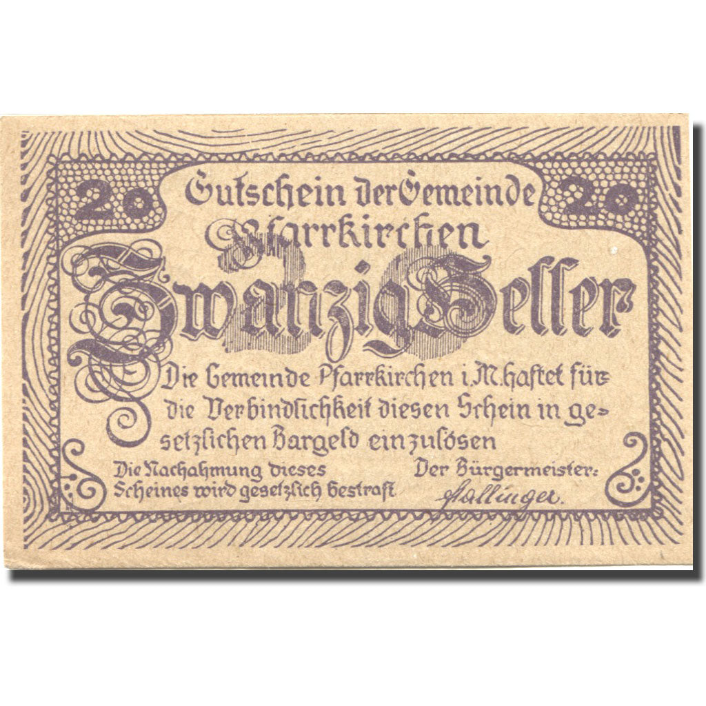 Banconote, Austria, Pfarrkirchen 20 Heller, village, 1920 SPL Mehl:FS 744Ic