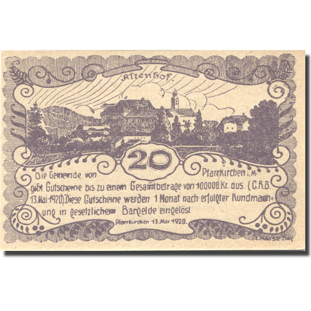 Banconote, Austria, Pfarrkirchen 20 Heller, village, 1920 SPL Mehl:FS 744Ic