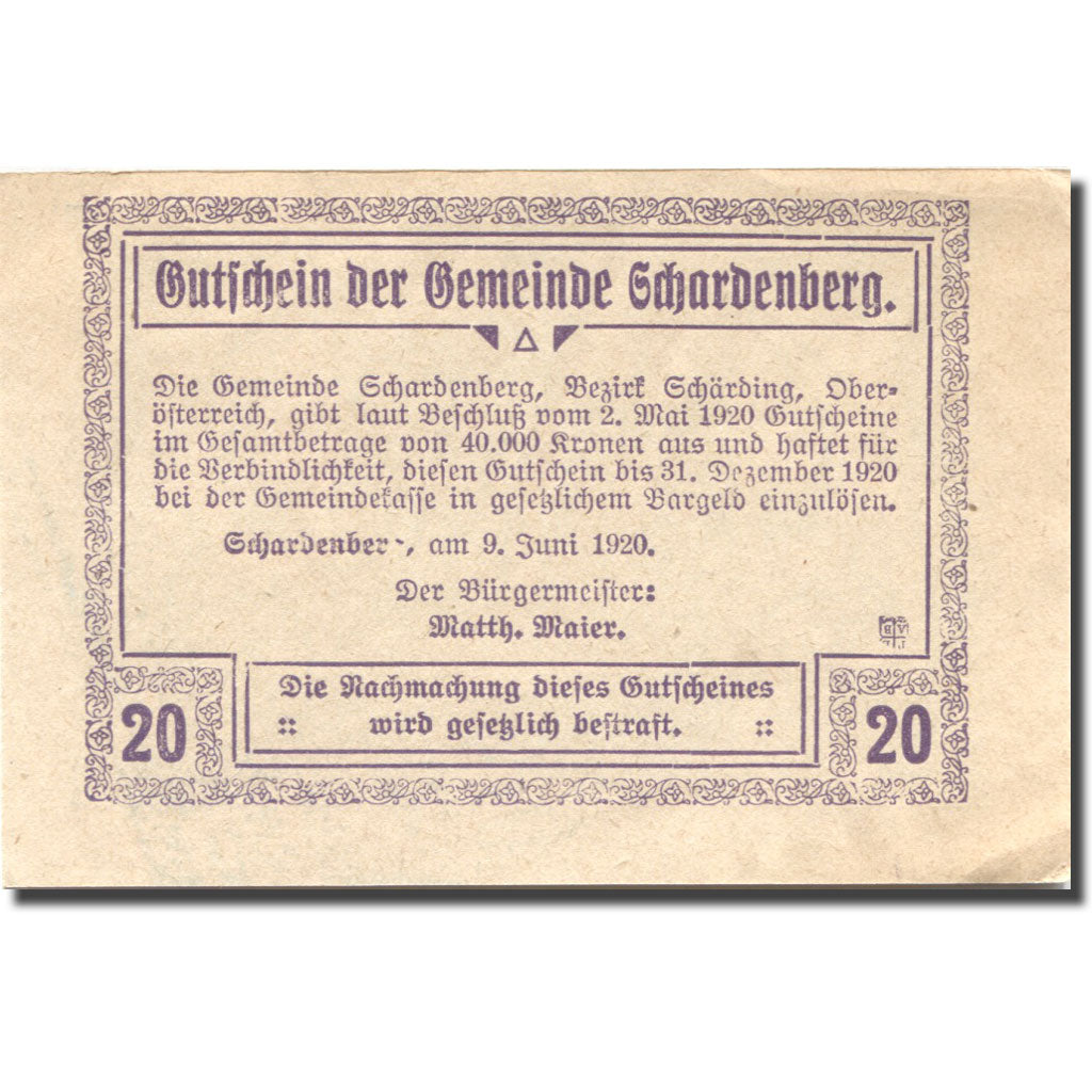 Banconote, Austria, Schardenberg, 20 Heller, manoir, 1920 SPL- Mehl:FS 954c
