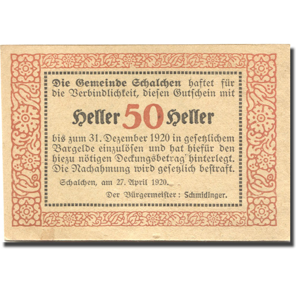 Banconote, Austria, Schalchen, 50 Heller, Eglise, 1920, SPL- Mehl:FS 952a
