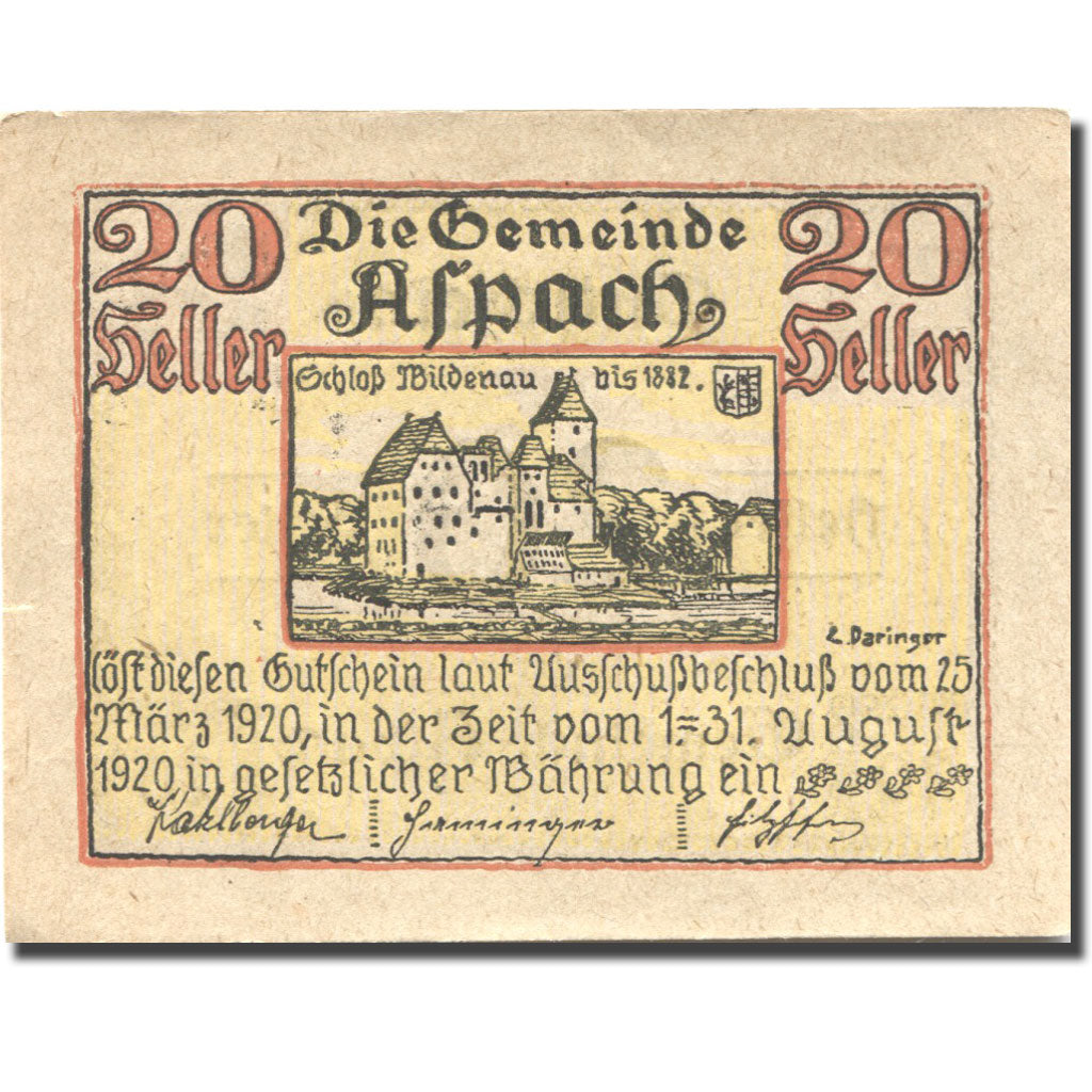 Banconote, Austria, Aspach, 20 Heller, château 1920-08-31, SPL, Mehl:FS 57c