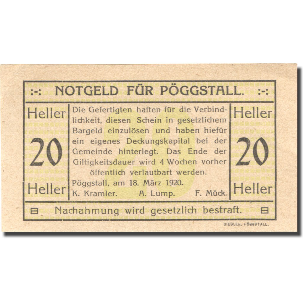 Banconote, Austria, Pöggstall, 20 Heller, valeur faciale, 1920 SPL Mehl:FS 756Ia