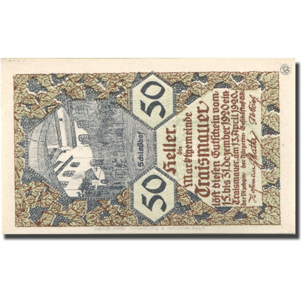 Banconote, Austria, Traismauer, 50 Heller, château, 1920 SPL Mehl:FS 1078II