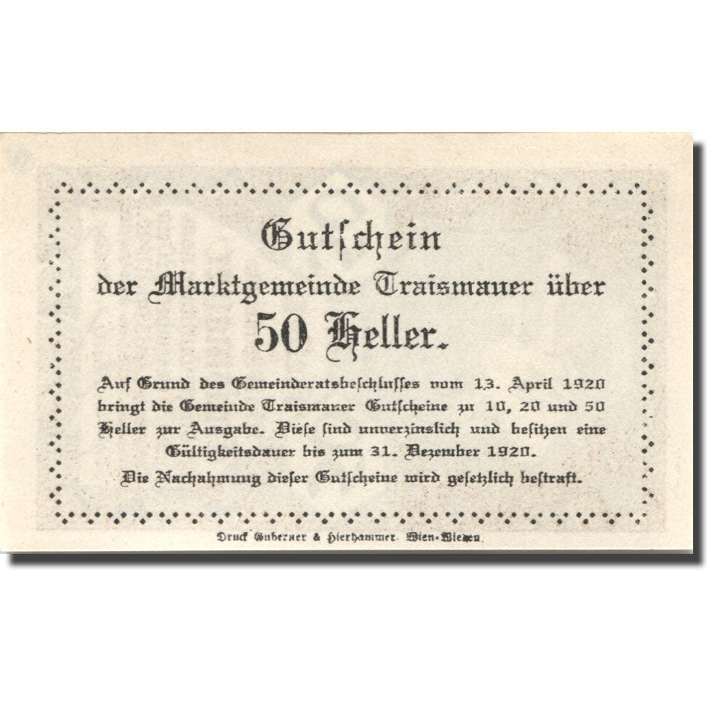 Banconote, Austria, Traismauer, 50 Heller, château, 1920 SPL Mehl:FS 1078II