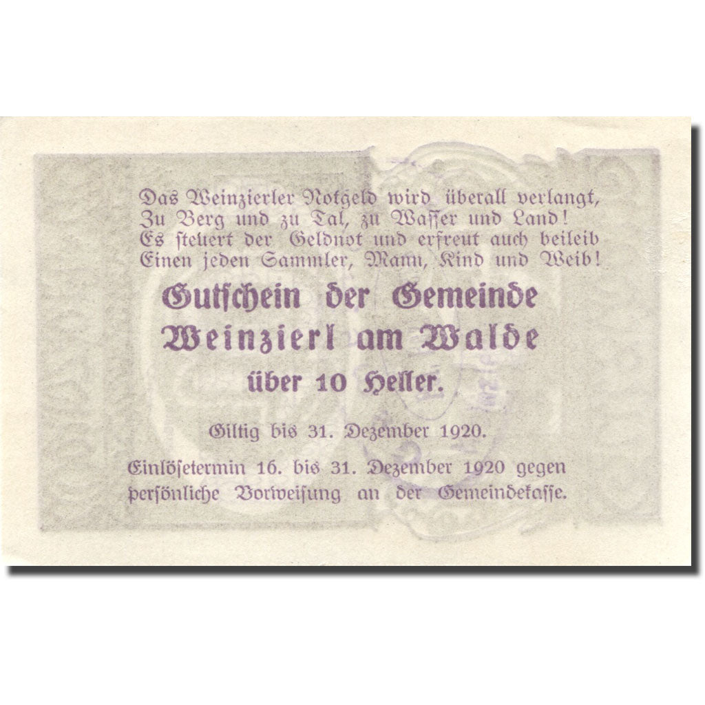 Billet, Autriche, Weinzierl, 10 Heller, manoir 1920-12-31, SPL Mehl:FS 1152