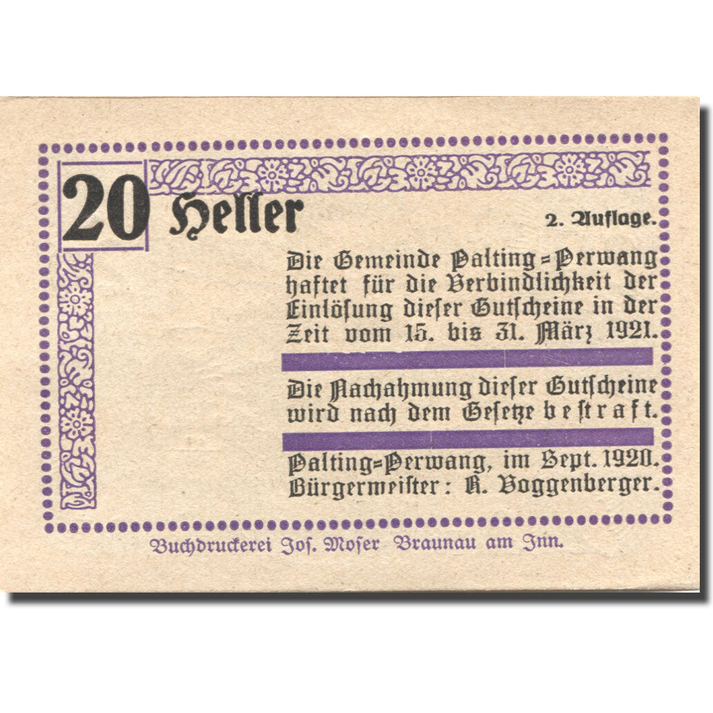 Banconote, Austria, Palting-Perwang, 20 Heller, village, 1921 SPL Mehl:FS 720a3