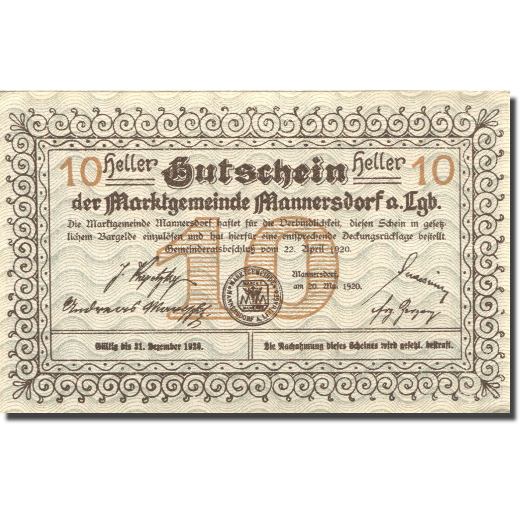 Banconote, Austria, Mannersdorf, 10 Heller, château, 1920 SPL Mehl:FS 577a