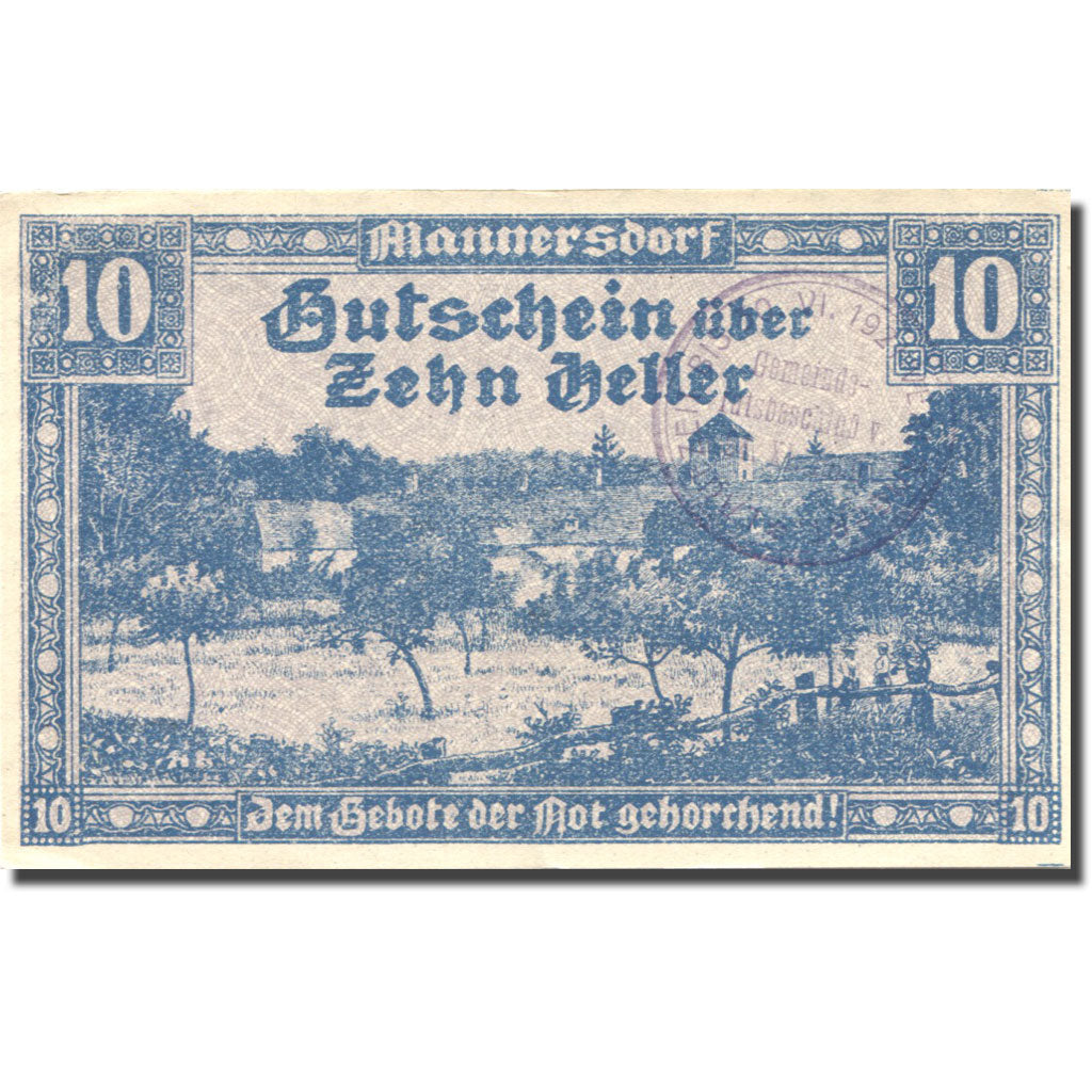 Banconote, Austria, Mannersdorf, 10 Heller, château, 1920 SPL Mehl:FS 577a