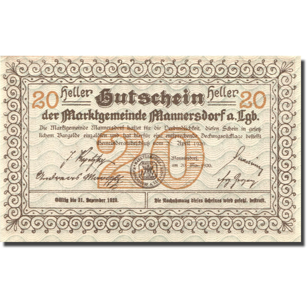 Banconote, Austria, Mannersdorf, 20 Heller, ruine, 1920 SPL Mehl:FS 577a