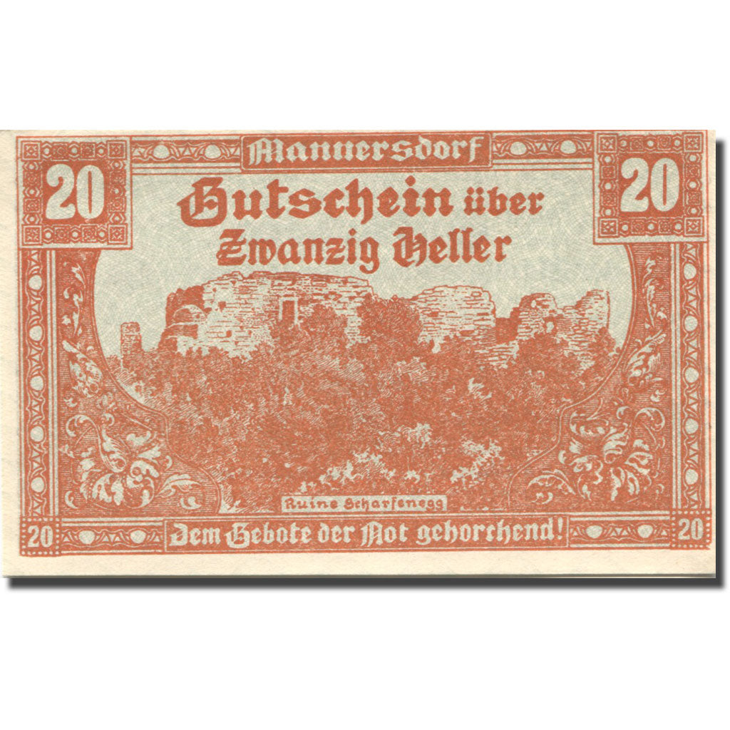 Banconote, Austria, Mannersdorf, 20 Heller, ruine, 1920 SPL Mehl:FS 577a