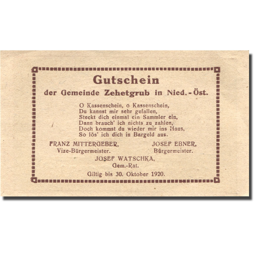 Geldschein, Österreich, Zehetgrub, 50 Heller, Maison, 1920 UNZ- Mehl:FS 1262a