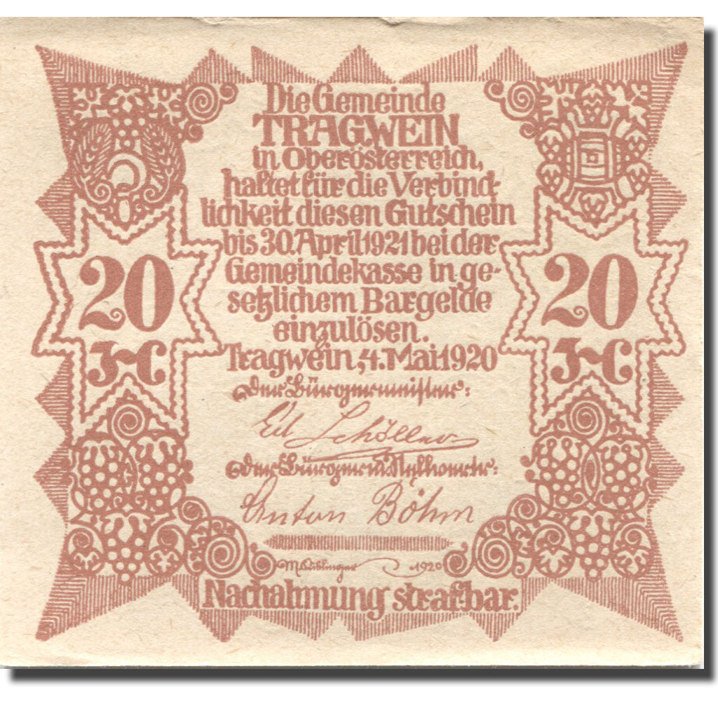 Billet, Autriche, Tragwein, 20 Heller, Eglise, 1921 SUP Mehl:FS 1075Ia