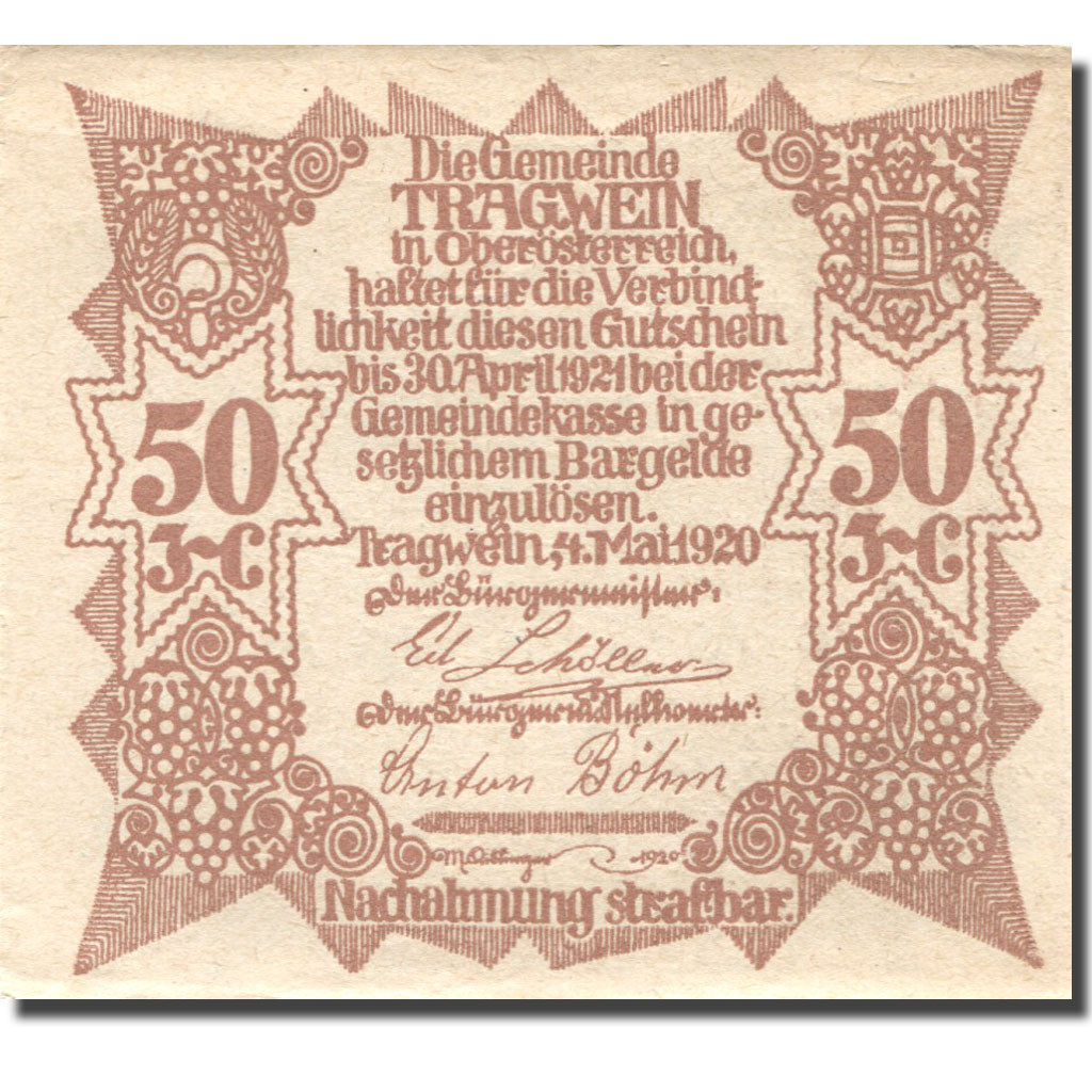 Billet, Autriche, Tragwein, 50 Heller, village 1921-04-30, SPL Mehl:FS 1075Ia