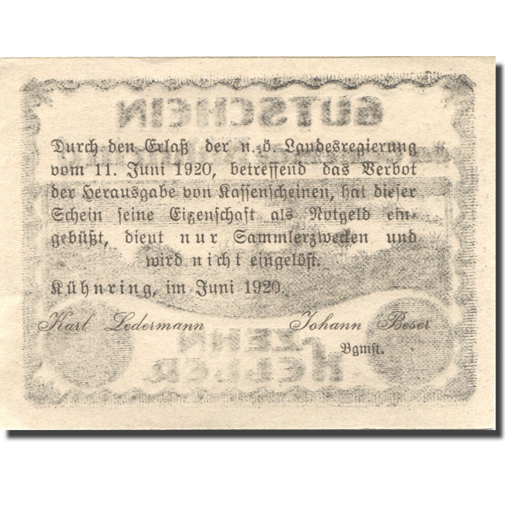 Geldschein, Österreich, Kühnring, 10 Heller, Eglise, 1920 UNZ- Mehl:FS 489f