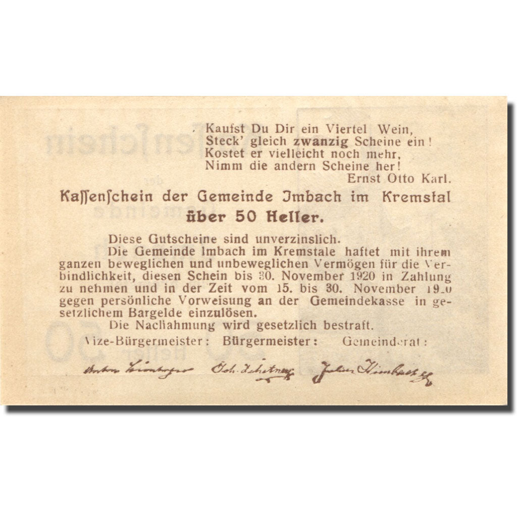 Banconote, Austria, Imbach, 50 Heller, Eglise 1920-12-31, SPL Mehl: FS 404Ib