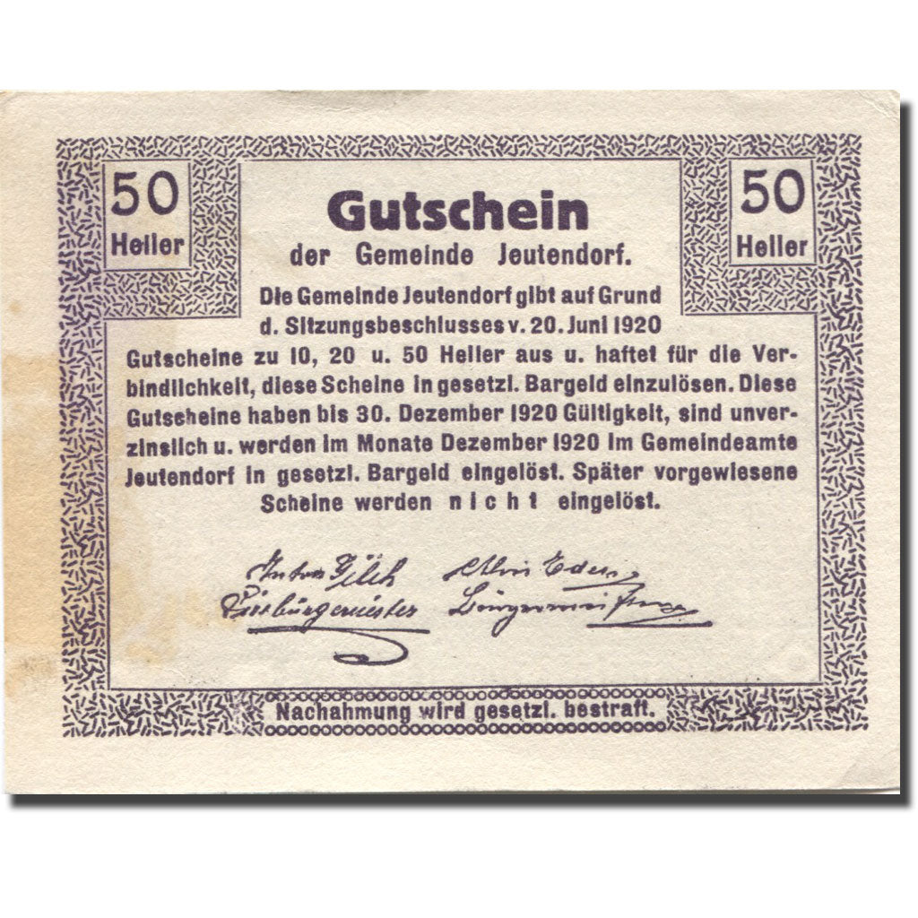Geldschein, Österreich, Jeutendorf, 50 Heller, château, 1920 VZ Mehl: FS 418a