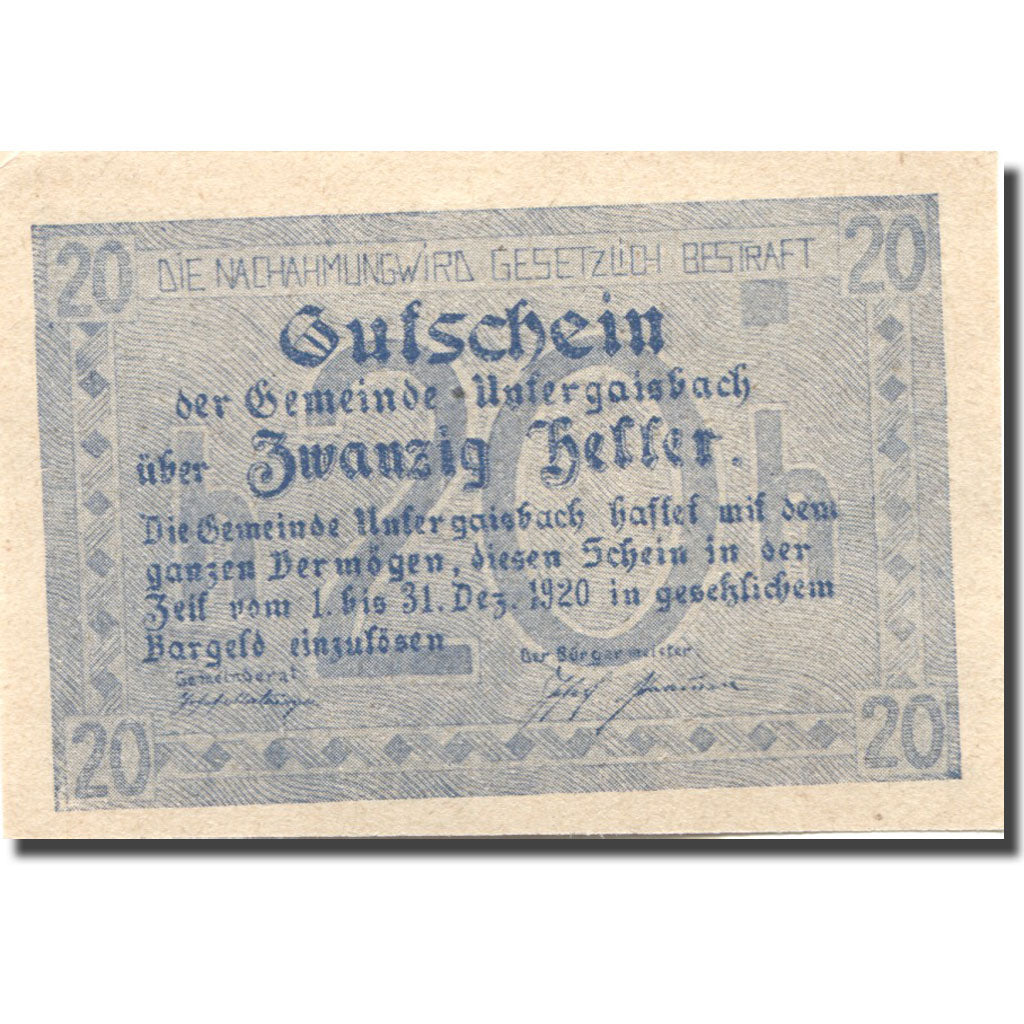 Banconote, Austria, Untergaisbach, 20 Heller, château, 1920 SPL Mehl:FS 1094b