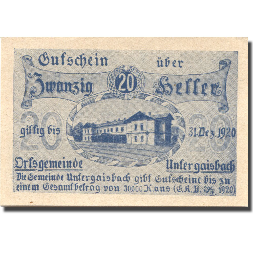 Banconote, Austria, Untergaisbach, 20 Heller, château, 1920 SPL Mehl:FS 1094b