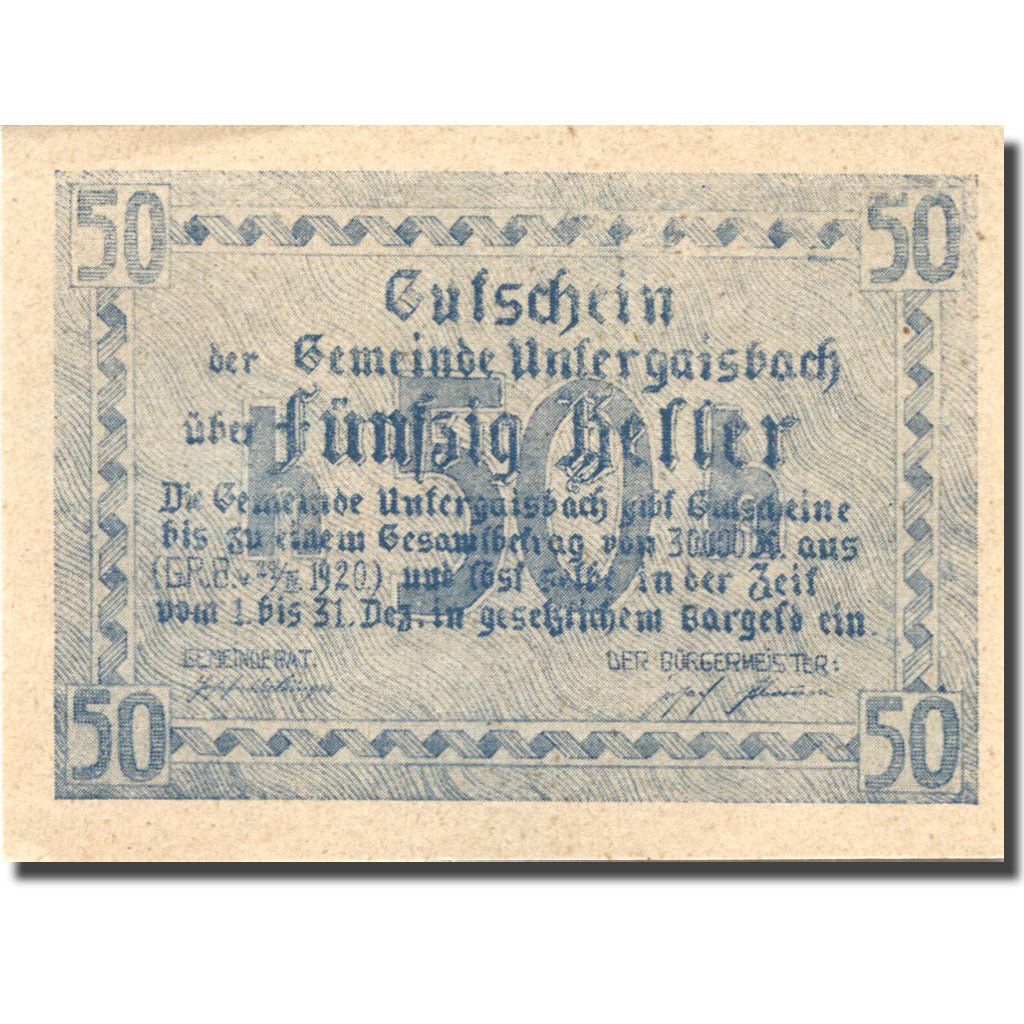 Billet, Autriche, Untergaisbach, 50 Heller, agriculteur, 1920 SPL Mehl:FS 1094b