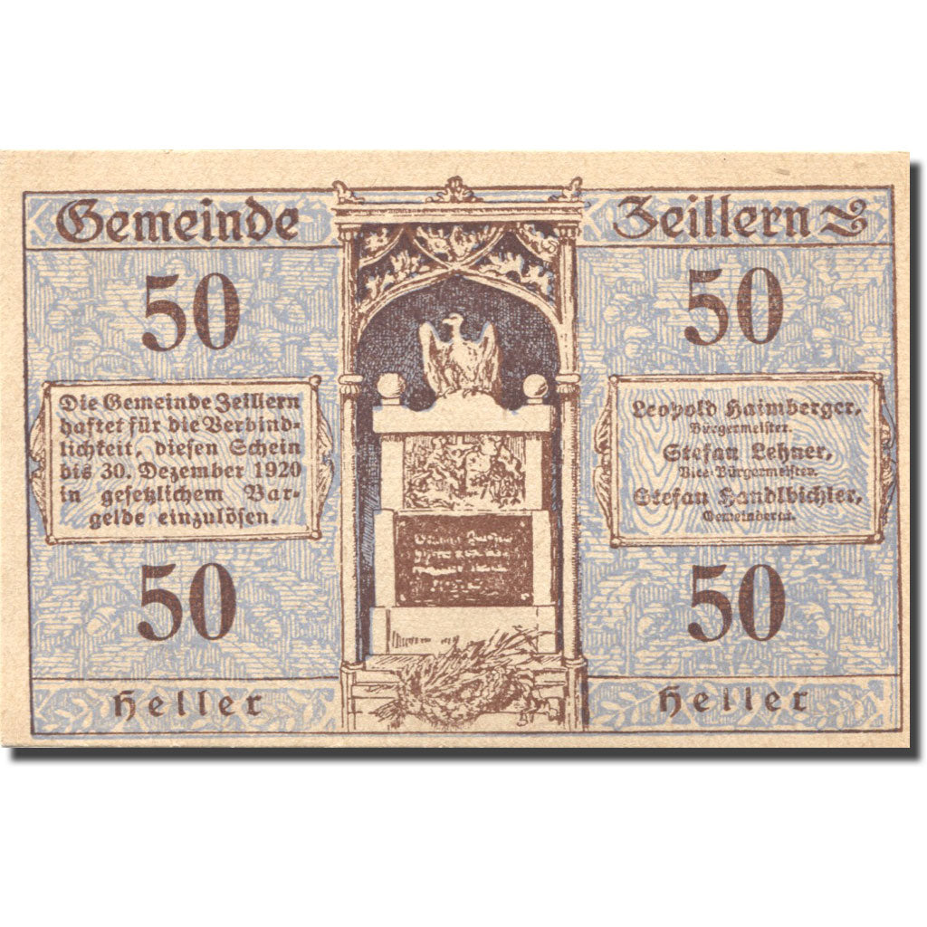 Billet, Autriche, Zeillern, 50 Heller, Monument 1920-12-30, SPL Mehl:FS 1263d