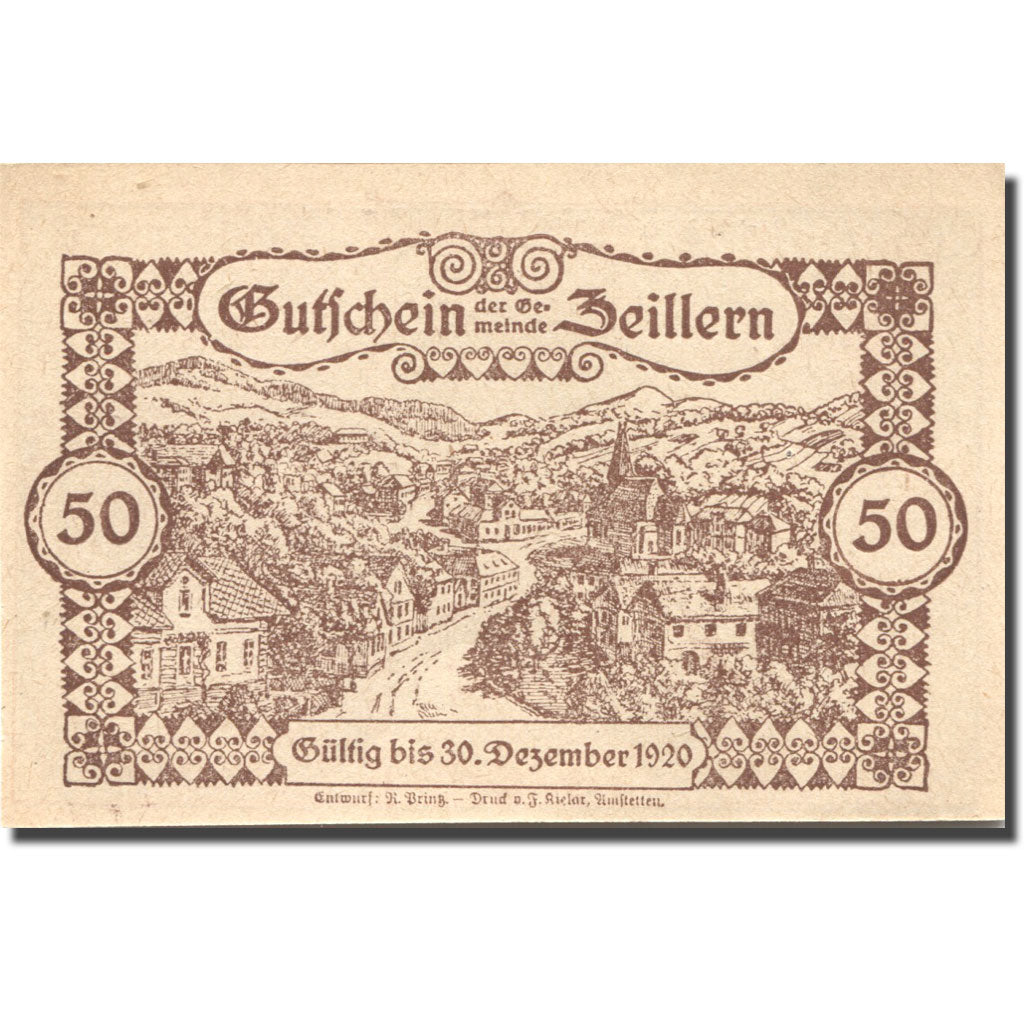 Billet, Autriche, Zeillern, 50 Heller, Monument 1920-12-30, SPL Mehl:FS 1263d