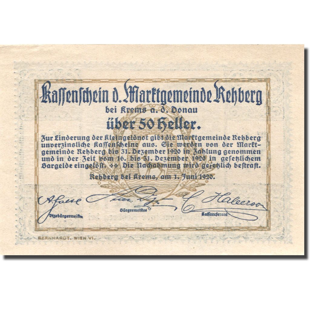Banconote, Austria, Rehberg, 50 Heller, château 1920-12-31, SPL Mehl:FS 826