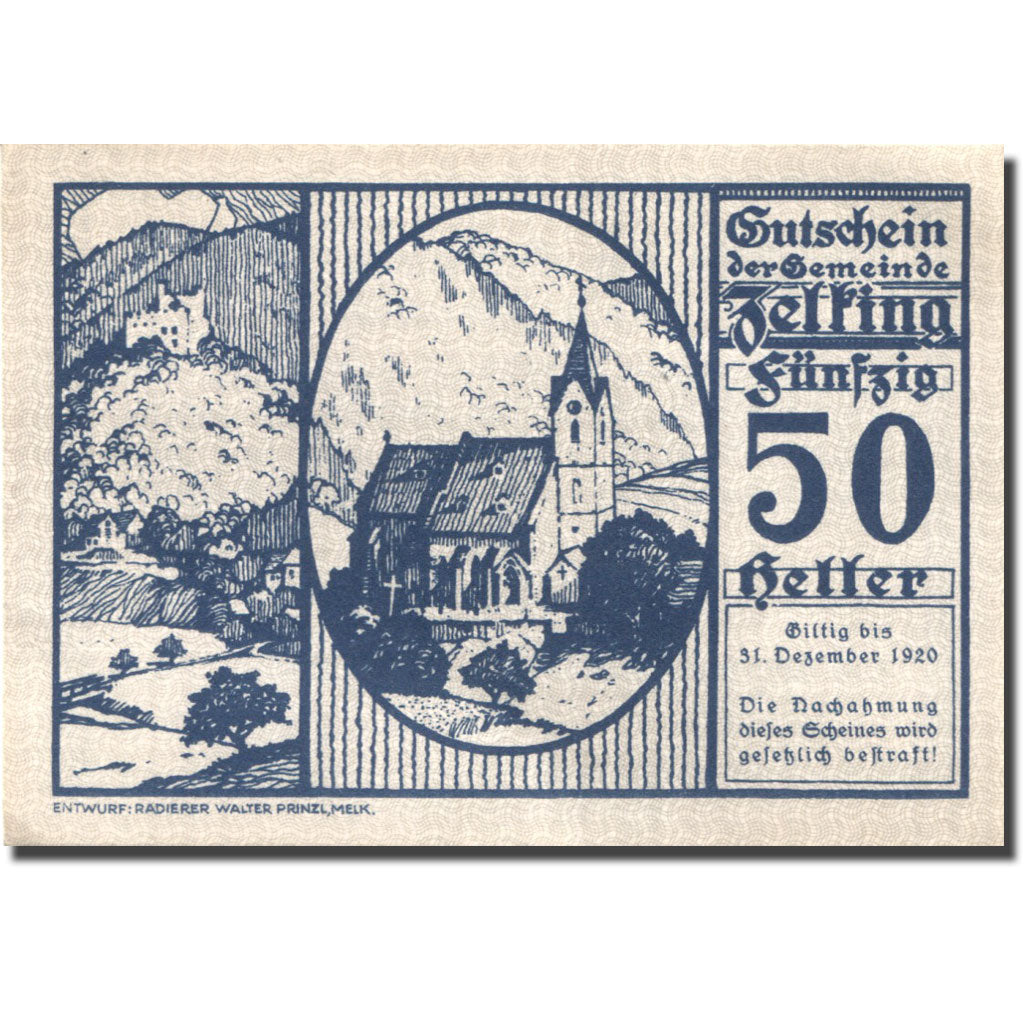 Banconote, Austria, Zelking, 50 Heller, Eglise, 1920,  SPL, Mehl:FS 1267
