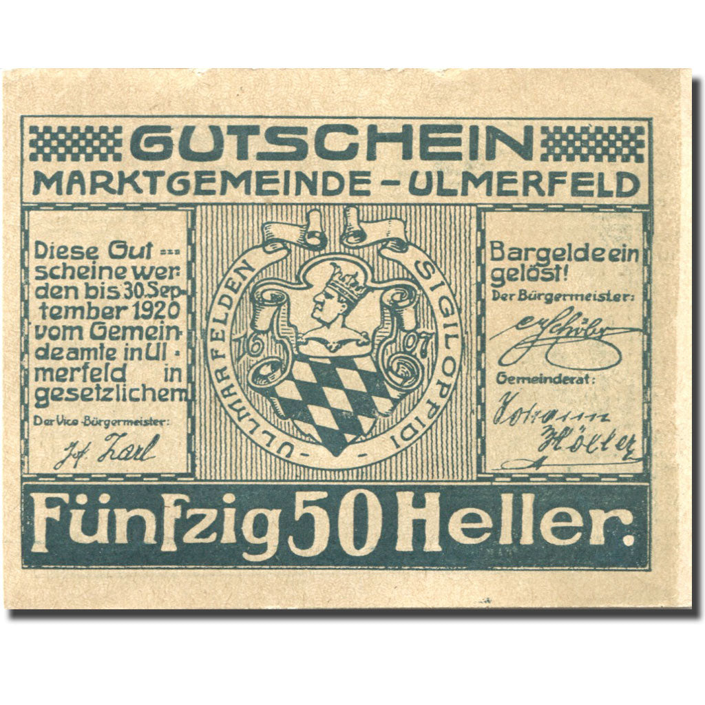 Banconote, Austria, Ulmerfeld, 50 Heller, château, 1920 SPL Mehl:FS 1089Ia