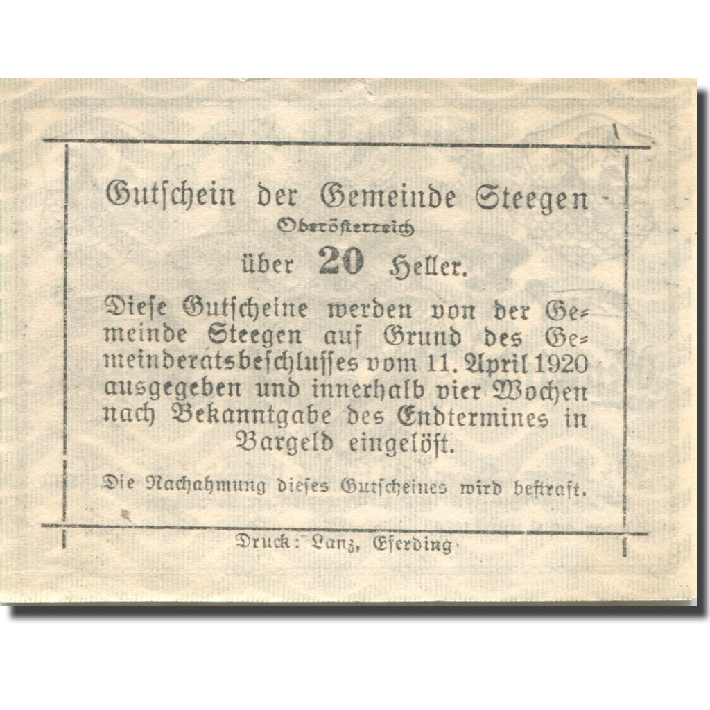 Geldschein, Österreich, Steegen, 20 Heller, Blason, 1920 UNZ- Mehl:FS 1012Ia
