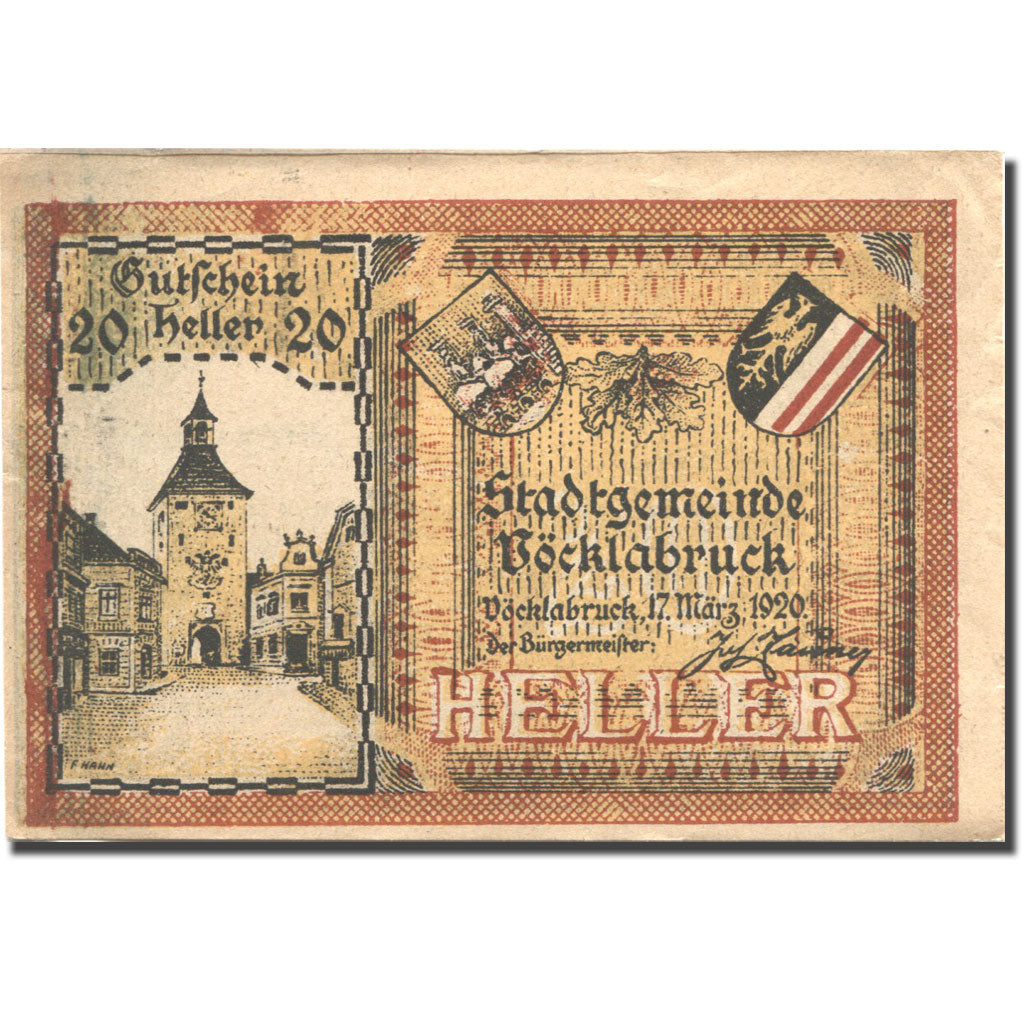 Billet, Autriche, Vocklabruck, 20 Heller, village, 1920 SUP+ Mehl:FS 1116IIb