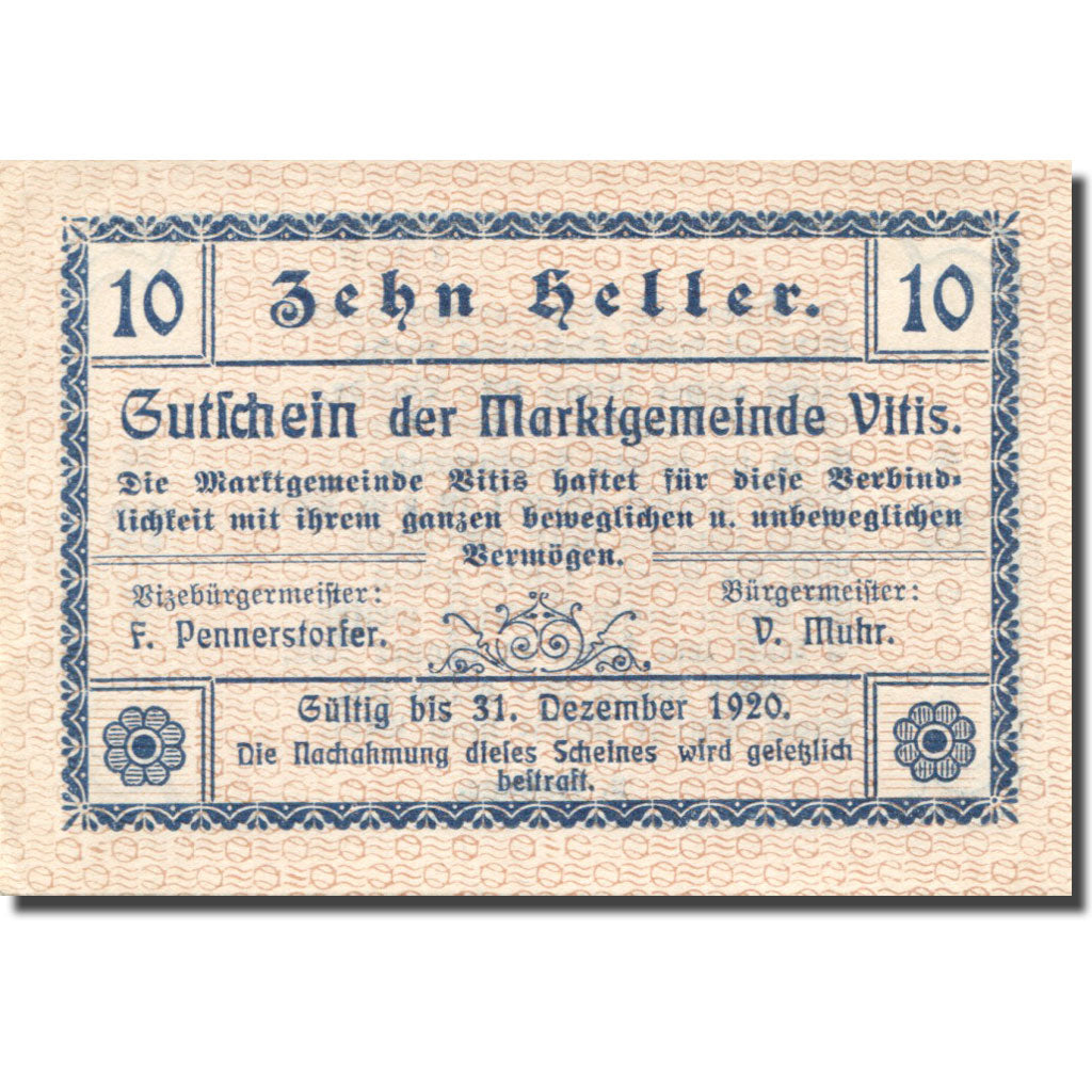Biljet, Oostenrijk, Vitis, 10 Heller, valeur faciale, 1920 SPL Mehl:FS 1115II