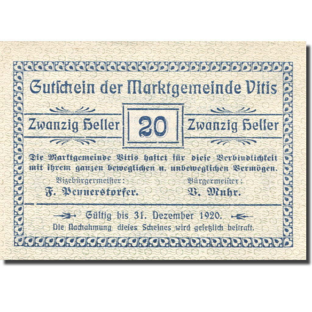 Banconote, Austria, Vitis, 20 Heller, valeur faciale, 1920 SPL Mehl:FS 1115II