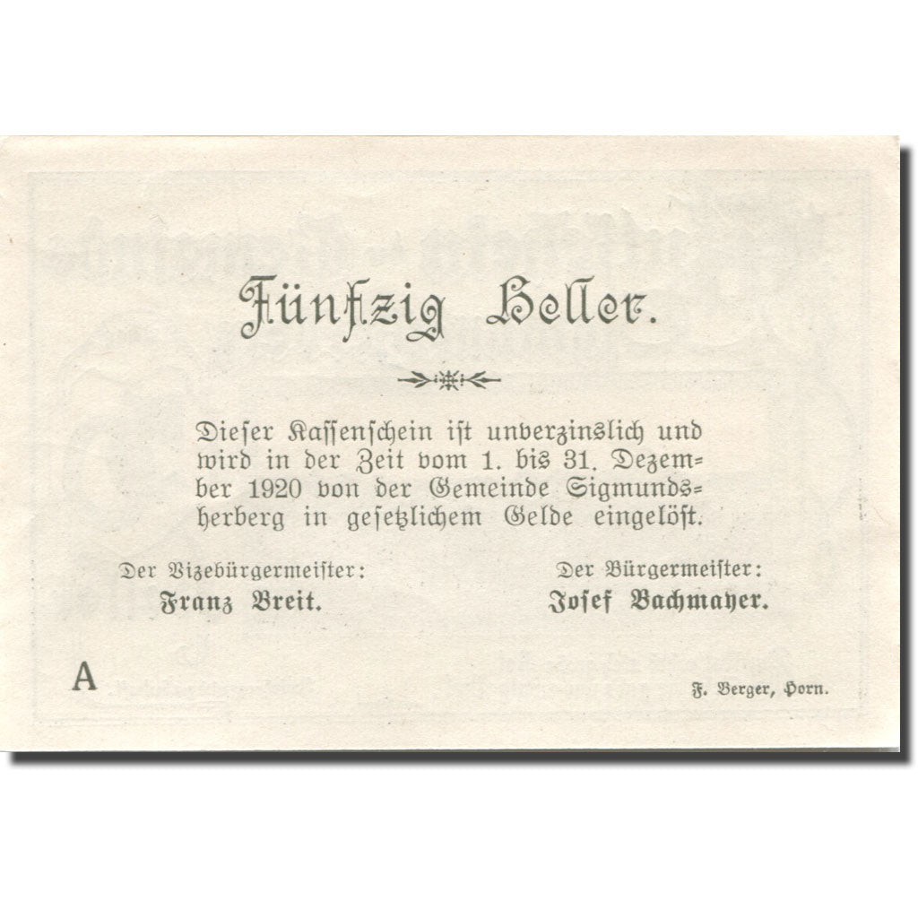 Banconote, Austria, Sigmundsherberg, 50 Heller, paysage, 1920 SPL Mehl:FS 998a