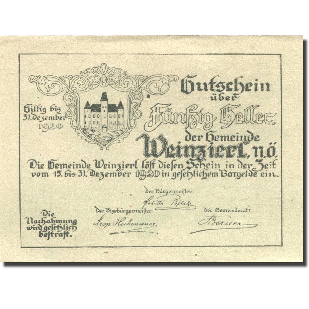 Banconote, Austria, Wienzierl, 50 Heller, château, 1920 SPL Mehl:FS 1153a2