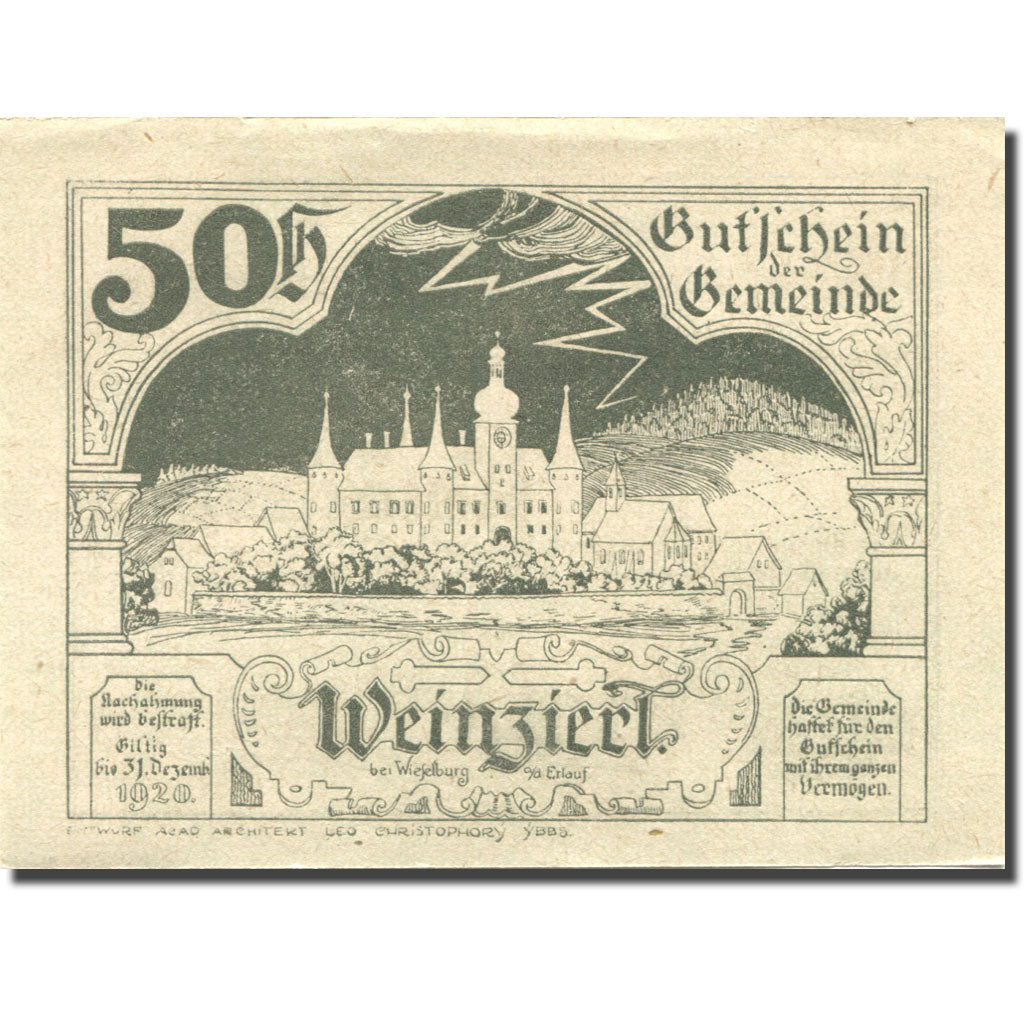 Banconote, Austria, Wienzierl, 50 Heller, château, 1920 SPL Mehl:FS 1153a2